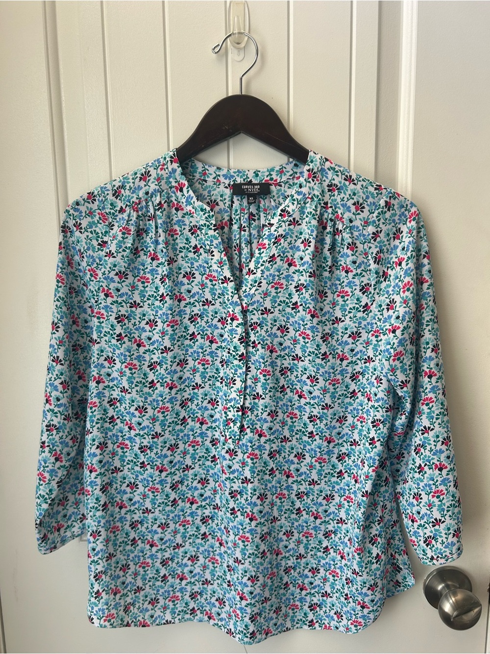NYDJ Aqua Floral Split-Neck Blouse - Picture 1 of 3